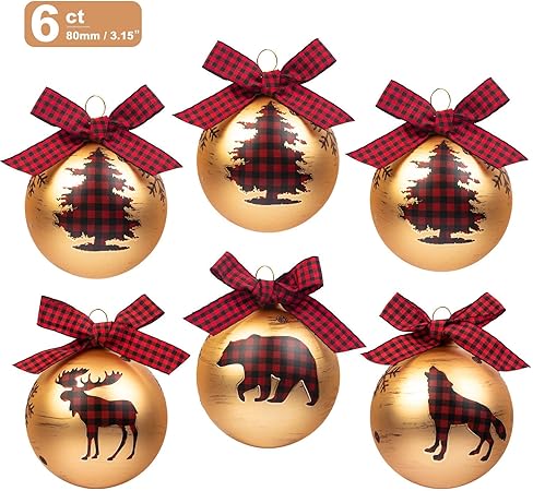 Art Beauty Boules De Noël En Verre 6ème Décorations Darbre De Noël 8cm Grand Balle Ornements Avec Red Plaid Archets Pour Noël Hiver Woodland Thème