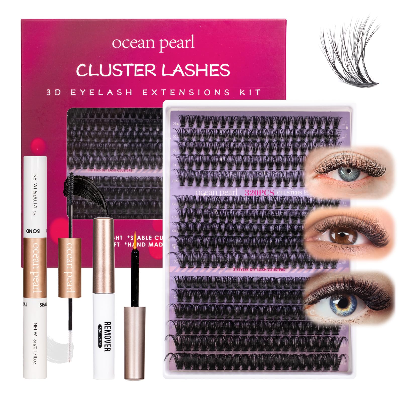 Ocean Pearl Cluster Lashes Kit 320PCS Individual Eyelashes 40D+50D+100D Eyelash Extension Kit 11-20mm False Eyelashes DIY Lash Extension Natural Lash Clusters with Super Bond&Seal&Remover&Tweezer-100D — image 1
