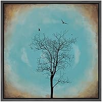SIGNWIN Framed Canvas Wall Art Bird Flying Over Wisdom Tree in Blue, Gold Twilight Landscape Wilderness Oil Painting Abstract Rustic Scenic Dramatic for Living Room, Bedroom, Office - 16x16 inches