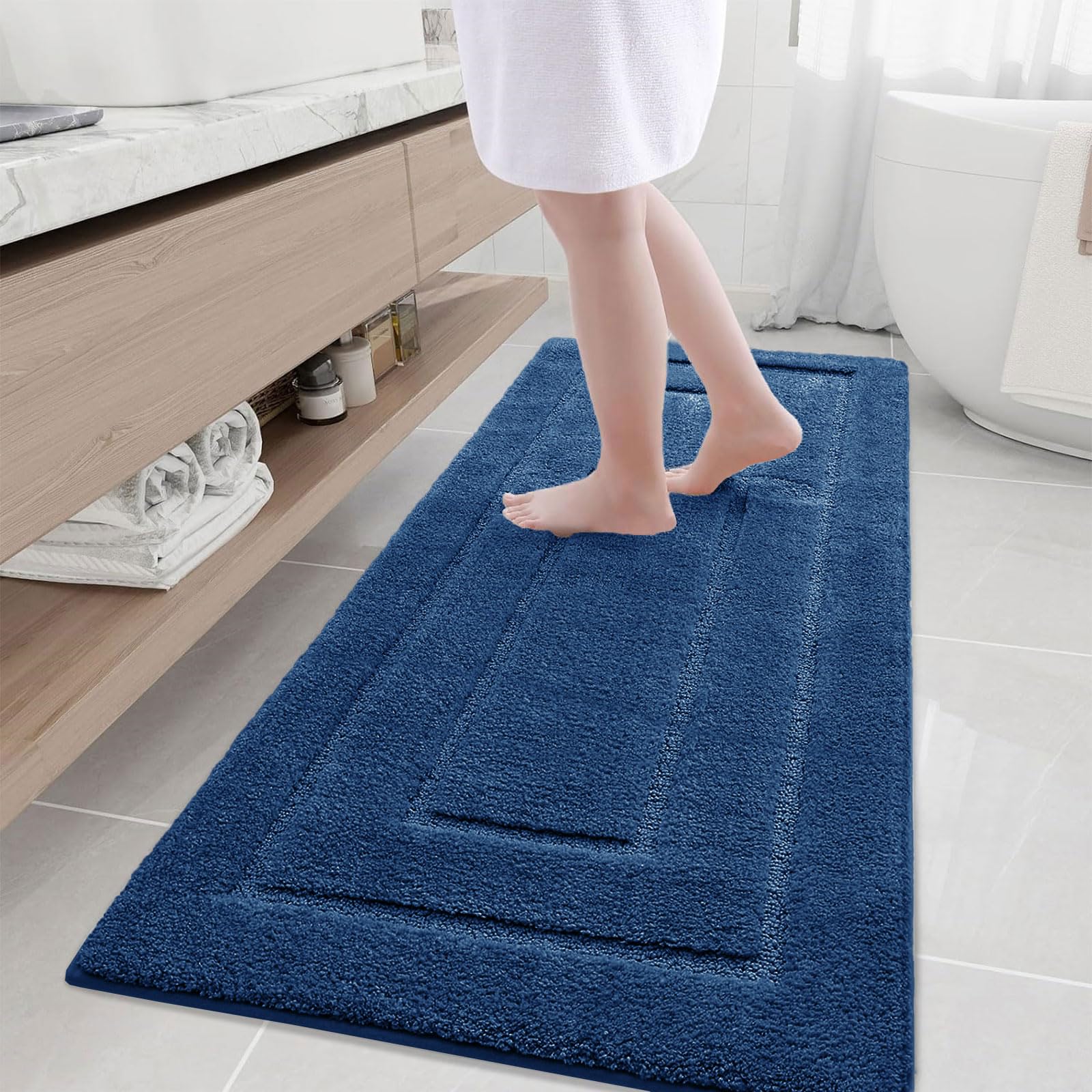 Buganda Bathroom Rugs, 70" x 24", Soft and Absorbent Microfiber Bath Rugs, Non-Slip Shaggy Shower Carpet, Machine Wash Dry Bath Mats for Bathroom Floor, Tub and Shower, Navy