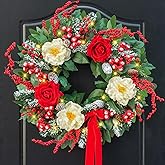 Christmas Wreaths for Front Door 24 Inch Prelit Holiday Wreath with Red Roses, White Peonies, Red Berries, Greenery & Velvet Bow Christmas Door Wreath Indoor Outdoor