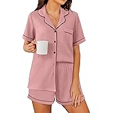 Ekouaer Womens Waffle Knit Pajama Sets Soft Short Sleeve Button Down Sleepwear Cozy 2 Piece Pjs Shorts Set