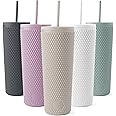 Simple Modern Plastic Matte Studded Tumbler with Lid and Straw | Reusable BPA Free Iced Coffee Cups Double Wall Smoothie Cup | Gifts for Women Men Him Her | Classic Collection | 24oz | Almond Birch