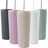 Simple Modern Plastic Matte Studded Tumbler with Lid and Straw | Reusable BPA Free Iced Coffee Cups Double Wall Smoothie Cup | Gifts for Women Men Him Her | Classic Collection | 24oz | Almond Birch
