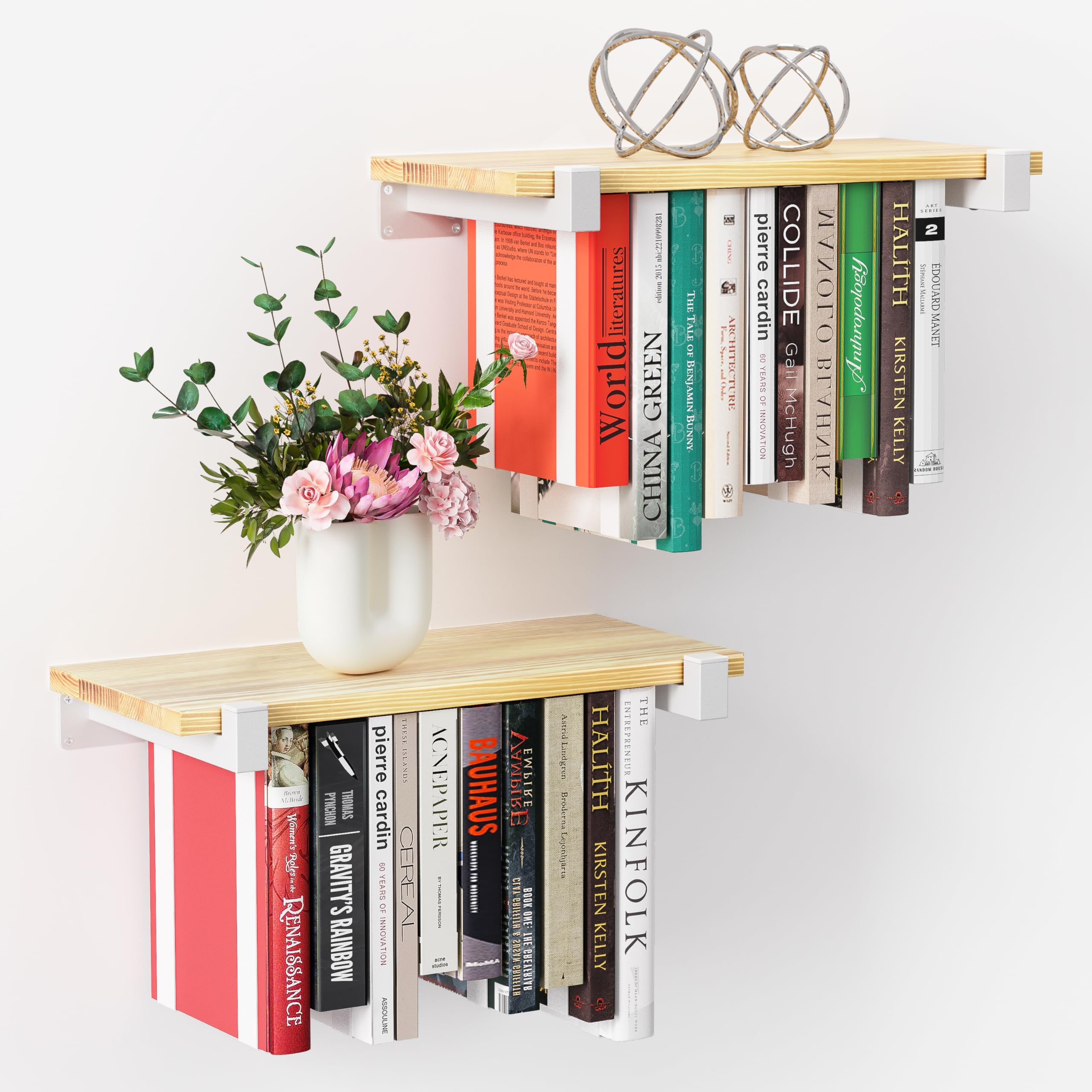 Photo 1 of NANATI 2 Set of Floating Bookshelf with White Shelf Brackets, Pine Wood Invisible Bookshelf, Hanging Bookshelves for Wall, Unique Space Saving Wall Bookcase, White(16.5L×8.7W×1.5H)