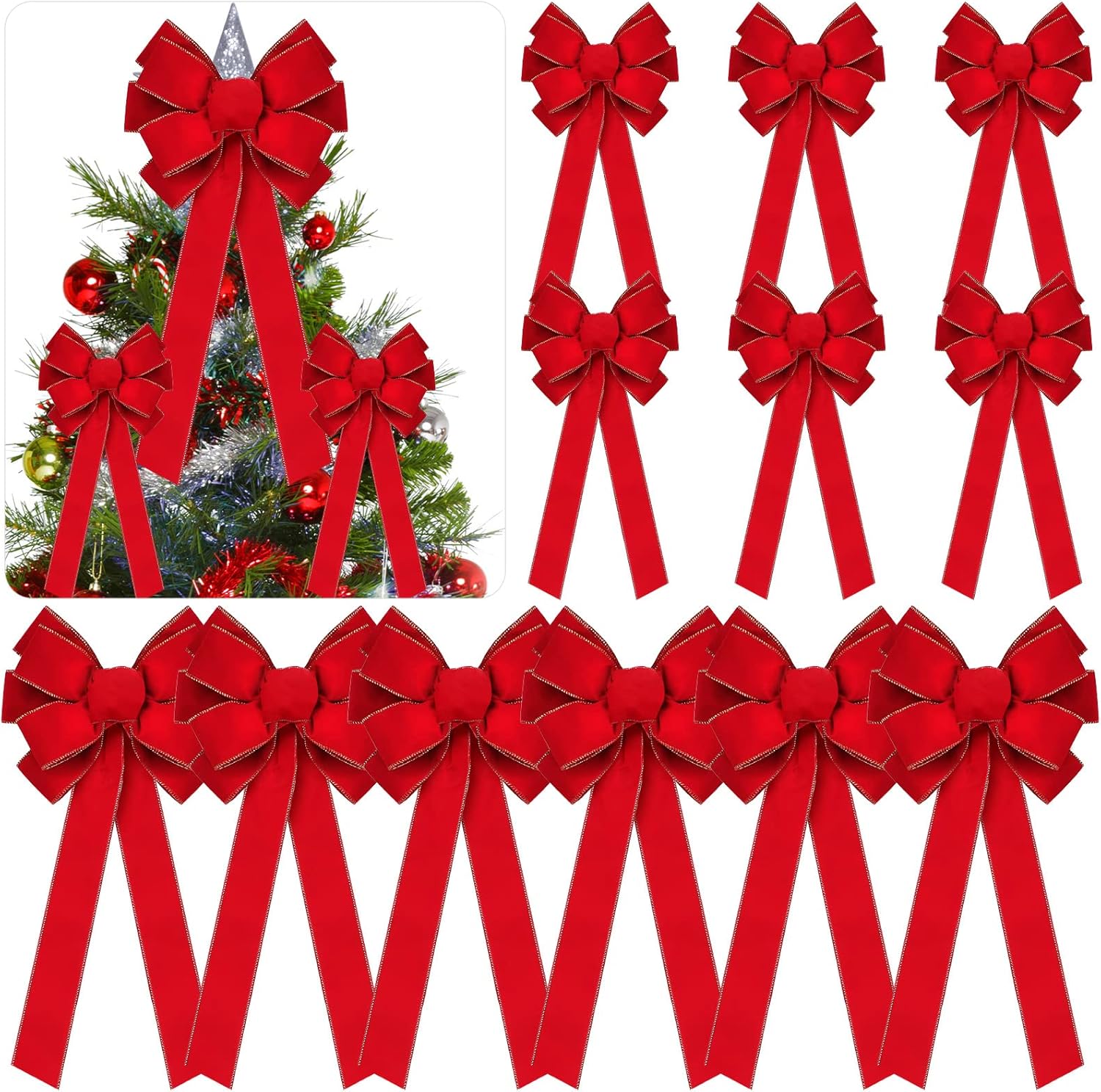 Tree Toppers - 12 Pcs Large Christmas Red Bows Big Red Bow with Gold Edge Handmade Velvet Wreath Bow for Xmas Home Front Door Tree Topper Indoor Outdoor Gift Wrapping Decoration, 15 x 44 Inch and 10 x 26 Inch