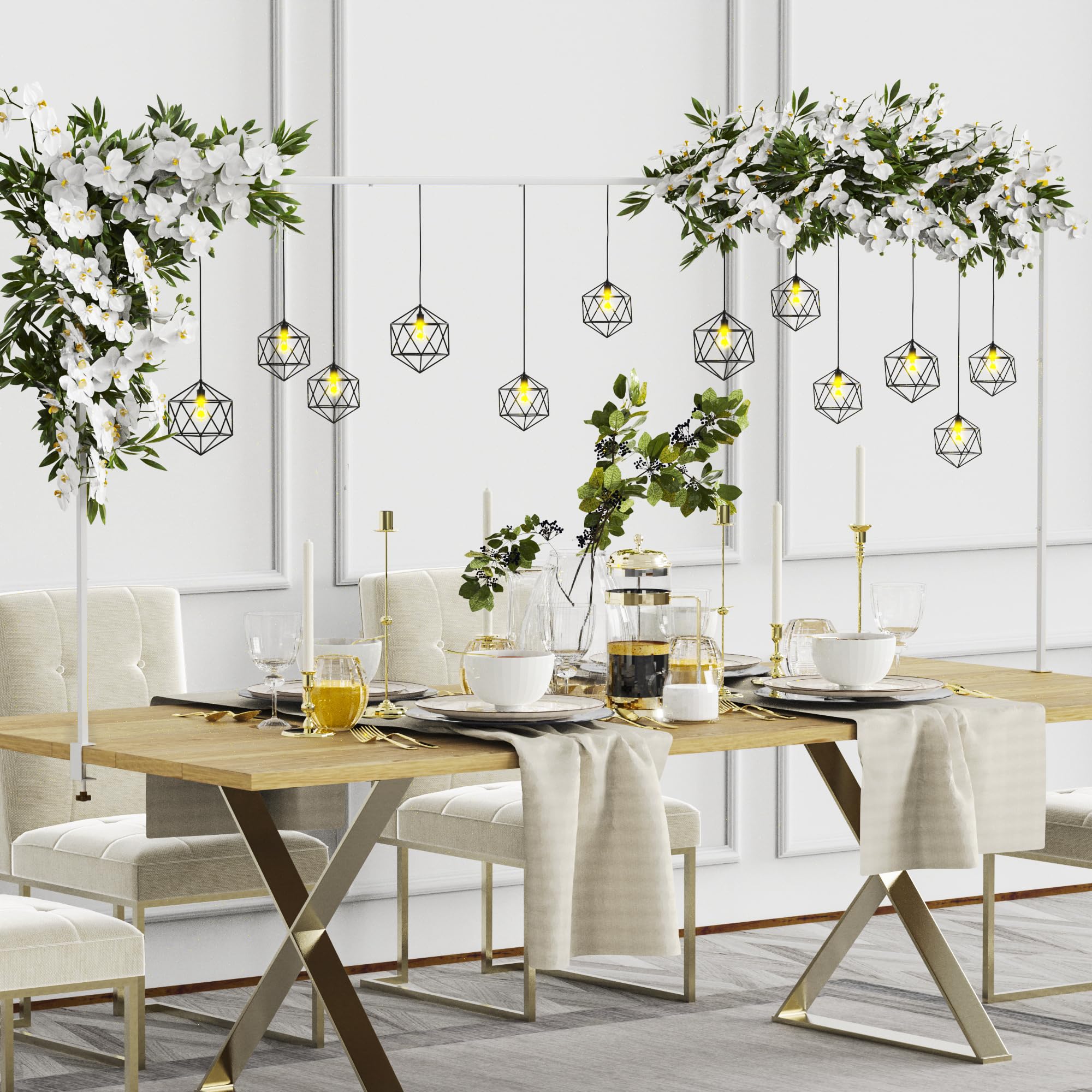 Photo 1 of Putros Over The Table Rod Stand with Clamps White 13"-42'' Tall 29"-98" Length Adjustable Metal Table Arch Hanging Rod Stand for Party Wedding Anniversary Christmas Decoration