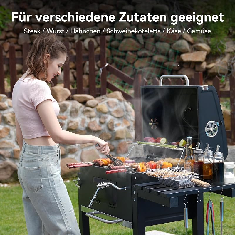 Holzkohlegrill, Grill mit Deckel, Grillfläche: 56×42.5 cm, Höhenverstellbare Kohlenwanne, Faltbarer Seitentisch, Mit Grillabdeckungen Wasserfest