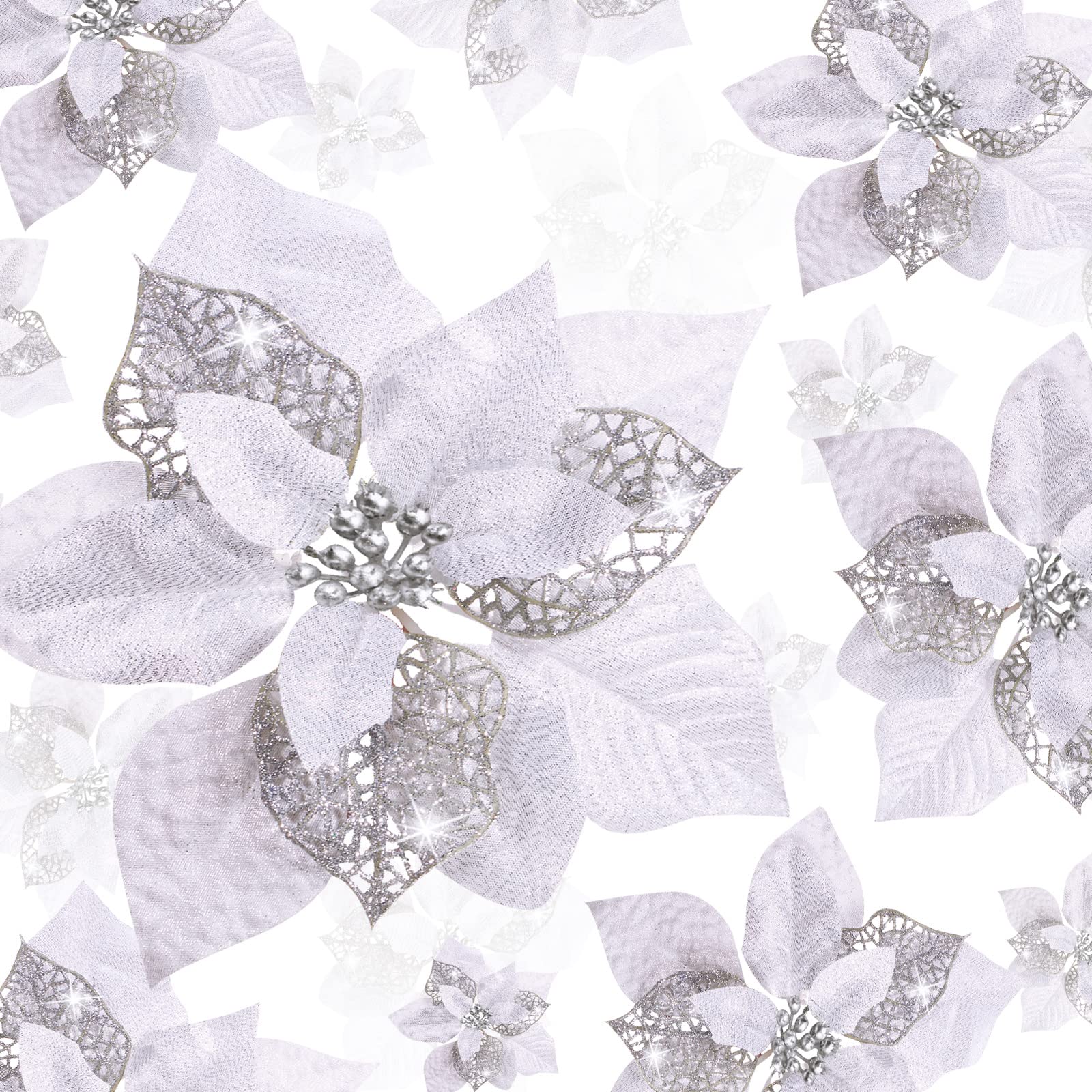Geosar 72 Pieces 3/4/6 Inches Christmas Artificial Glitter Poinsettia Flowers Ornaments Xmas Flowers Wedding for Christmas Tree Ornaments(Silver)
