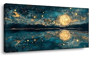 IDAFU Moon Sea Ocean and Stars Canvas Wall Art -Moonrise at Sea Night Landscape Scene Printing, Blue & Gold Abstract Nature Artwork for Living Room, Bedroom & Coastal Home Décor, Ready to Hang 40L" x 20W"