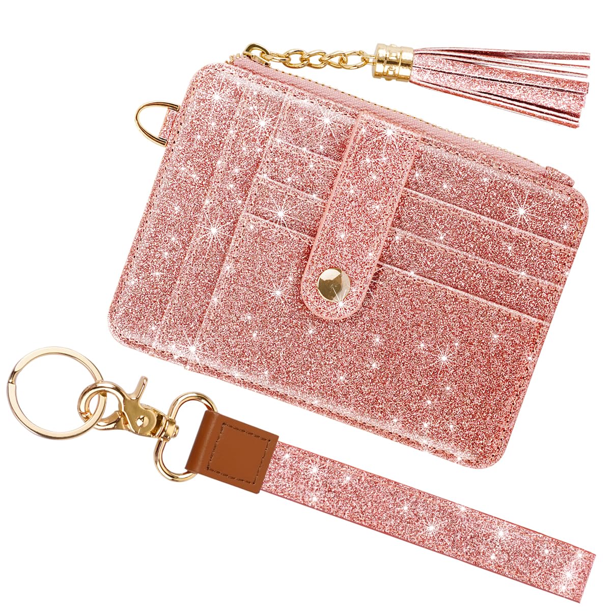 Photo 1 of Simikol Slim Zipper Credit Card Holder with Keychain Wristlet Small RFID Glitter Leather Wallet with ID Window for Women,Rose Gold