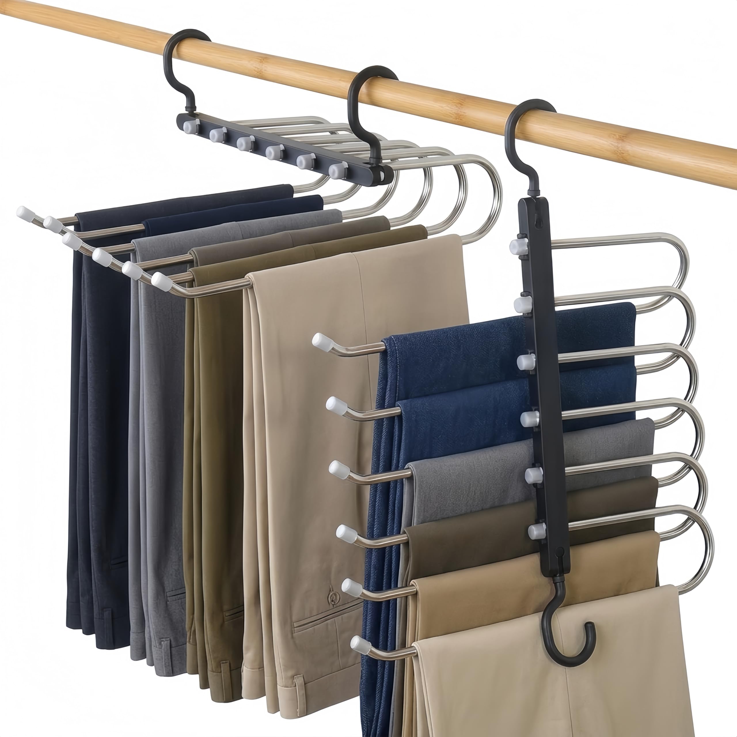 Clothes Pants Hangers, 2 Pack Space Saving Closet Hangers 6 Layers 2 Uses Multi Functional Pants Rack Wardrobe Organizer Racks for Clothes Trousers Scarves Ties