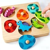 Montessori Toys for 1 Year Old Boys Girls Gifts: Wooden Shape Sorter &amp; Color Match Baby Puzzles 12-18 Months - Dinosaur Matching Eggs Peg Puzzle for 1 2 Year Old Toddler Learning Activities