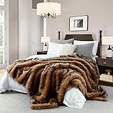 Luxury Plush Faux Fur Blanket Queen Size, Long Pile Brown with Black Tips, Oversized Super Warm, Fuzzy, Elegant, Fluffy Decoration Throw Blanket for Sofa, Armchair, Couch and Bed, 90"x90"