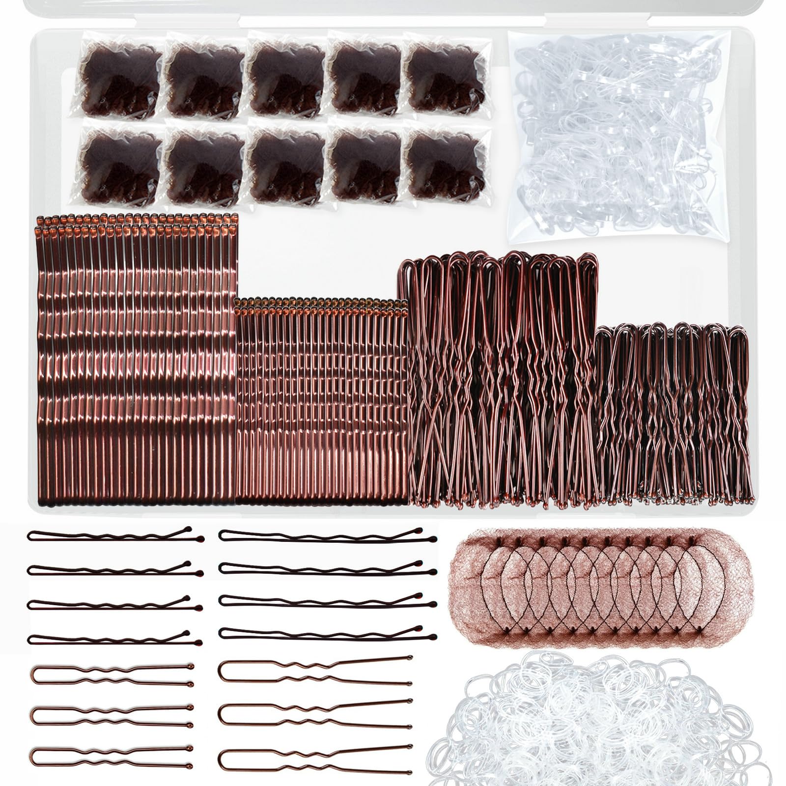 View 1 of 510PCS Brown Bobby Pins Hair Pins Kit with Hair Net, YINGFENG Includes 100 Bobby Pins for Women, 100 U-Shaped Buns Hair Clips, 300 Hair Bands and 10 Brown Hair Nets, Dance competition must haves