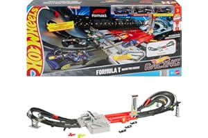 Hot Wheels Toy Car Track Set, Formula 1 Grand Prix Circuit Track Set with 3 1:64 Scale Die-Cast Toy Cars, Two Modes of Racing with a Motorized Booster