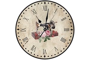 SWAVECAT Rose Flower Sewing Machine Wood Wall Clock 12inch Craft Room Decor Wall Clock Tailor Sewing Time Sew Wall Clock Farmhouse Wall Decor Battery Operated Silent Wooden Wall Clocks for Living Room