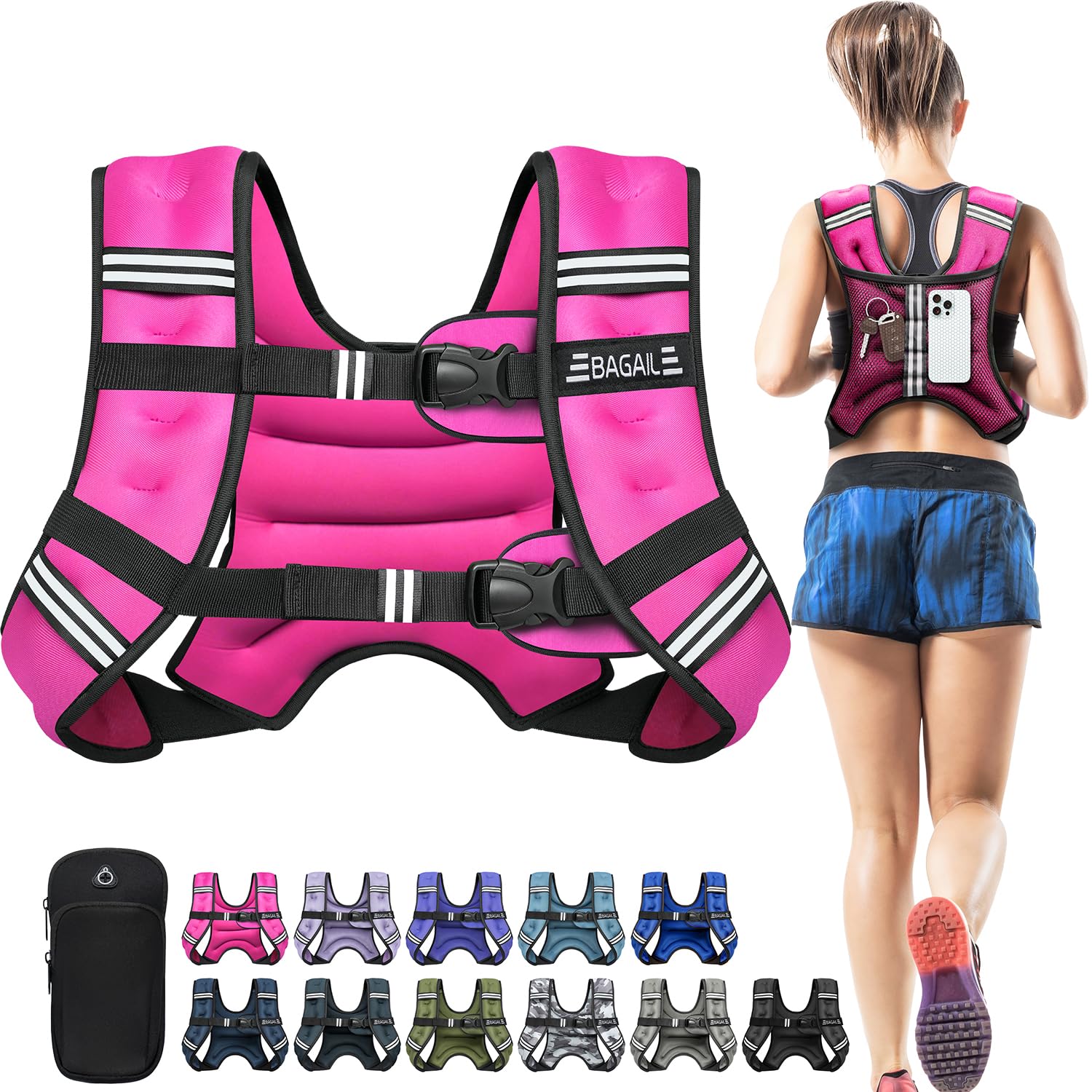 BAGAIL Weighted Vest, 5lb/8lb/10lb/12lb/15lb/20lb/25lb/30lb Weight Vest for Walking & Weight Loss, Reflective Rucking Vest with Phone Pouch for Women & Men, Home Gym & Outdoor Training Image