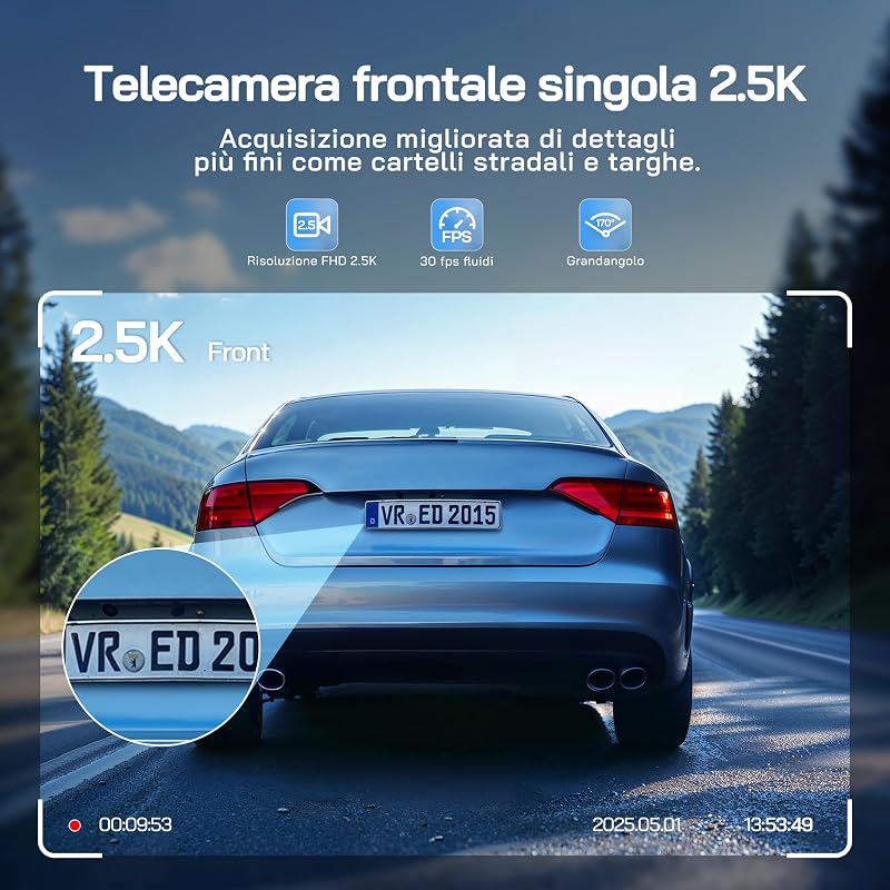 Dash Cam Auto 1440P, WiFi Dashcam per Auto, Telecamera Auto 170° Grandangolo, Visione Notturna,G-Sensor, WDR, Monitor di Parcheggio, Registrazione in Loop