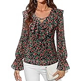 Lotusmile Women's Dressy Casual Ruffle Tops Double Layered Long Sleeve Shirts V Neck Blouses for Women Work Party