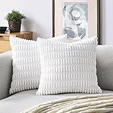 Volcanics Pack of 2 Pure White Decorative Throw Pillow Covers 18x18 Inch, Soft Corduroy Striped Square Cushion Cases, Modern Farmhouse Boho Home Decor for Couch Bed Sofa Living Room