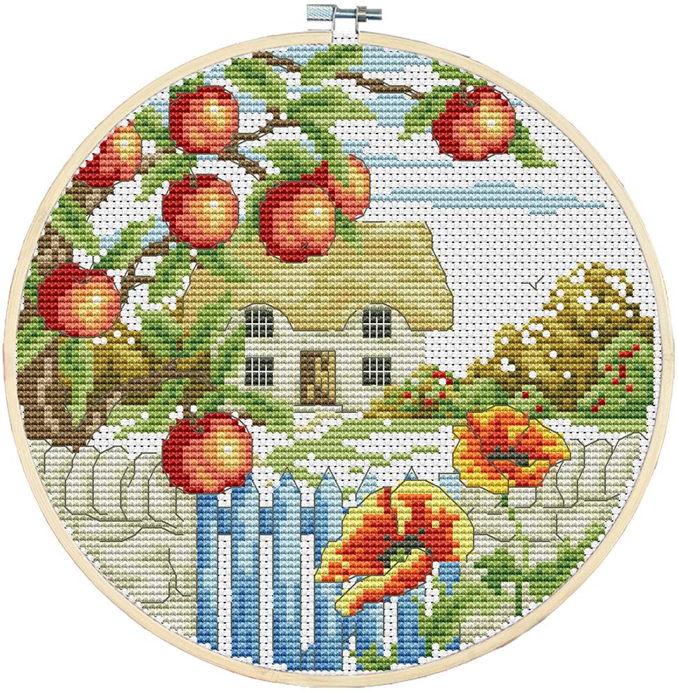 CaptainCrafts Cross Stitch Kits, Stamped Cross Stitch Pre-Printed 11CT Fabric DMC DIY Art Embroidery Kits Needlework Crafts Four Seasons Home Landscape (Preprinted 11CT, Autumn)