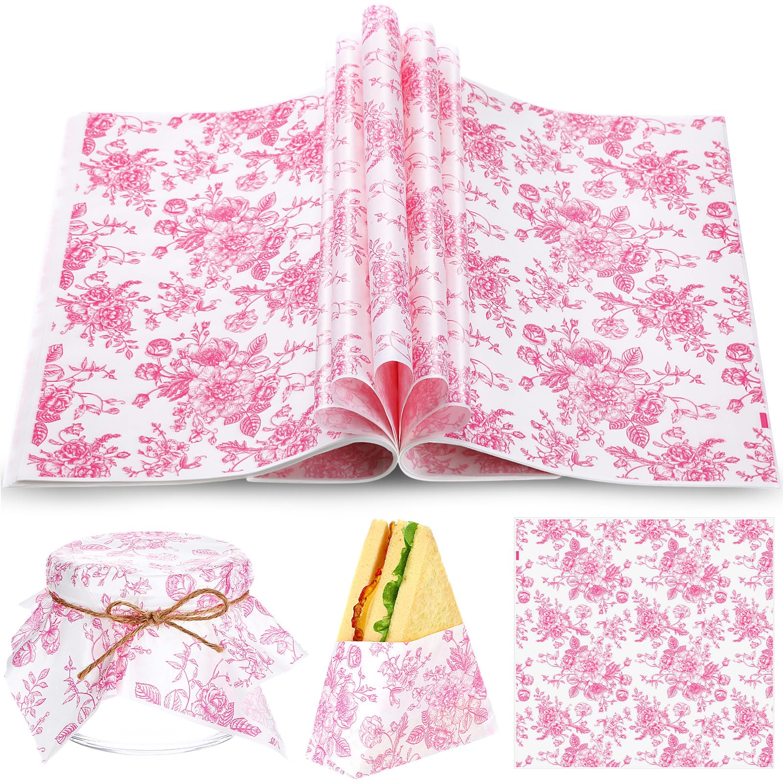 Photo 1 of Marspark 100 Sheets Floral Wax Paper for Food Wrapping 11.4 x 11 Inches Spring Floral Food Basket Parchment Paper for Picnic Wedding Candy Cookies Baking Sandwich Burgers Greaseproof Wrapping(Pink)