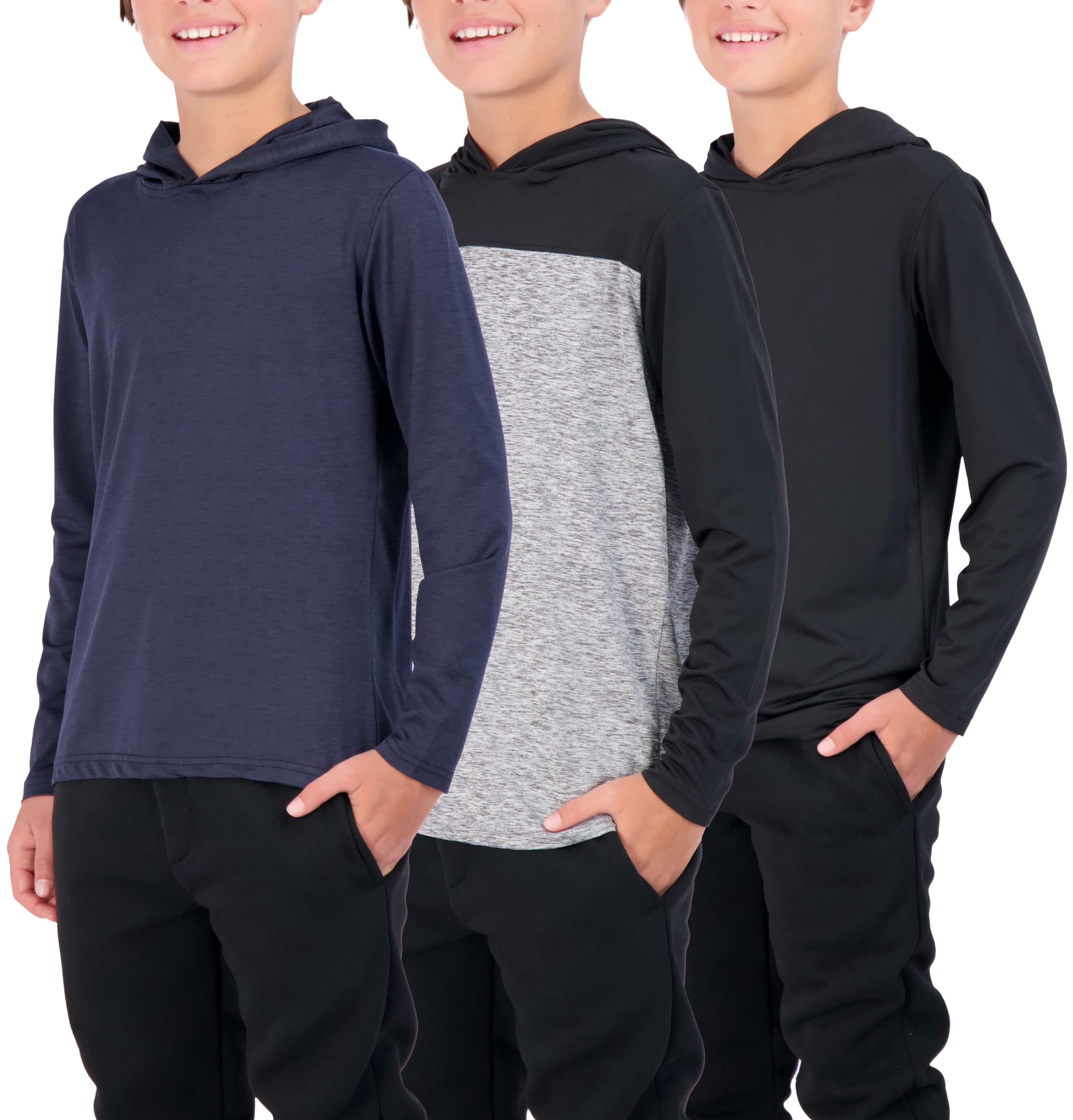 Photo 1 of 3 Pack: Dry-Fit Youth Boys Teen Active Long Sleeve Hoodie Sweatshirts - Hooded Pullover Shirts -Set 1,S (6-7)