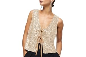 Imily Bela Womens Sequin Vest Sleeveless V Neck Tie Front Sparkly Party Waistcoat