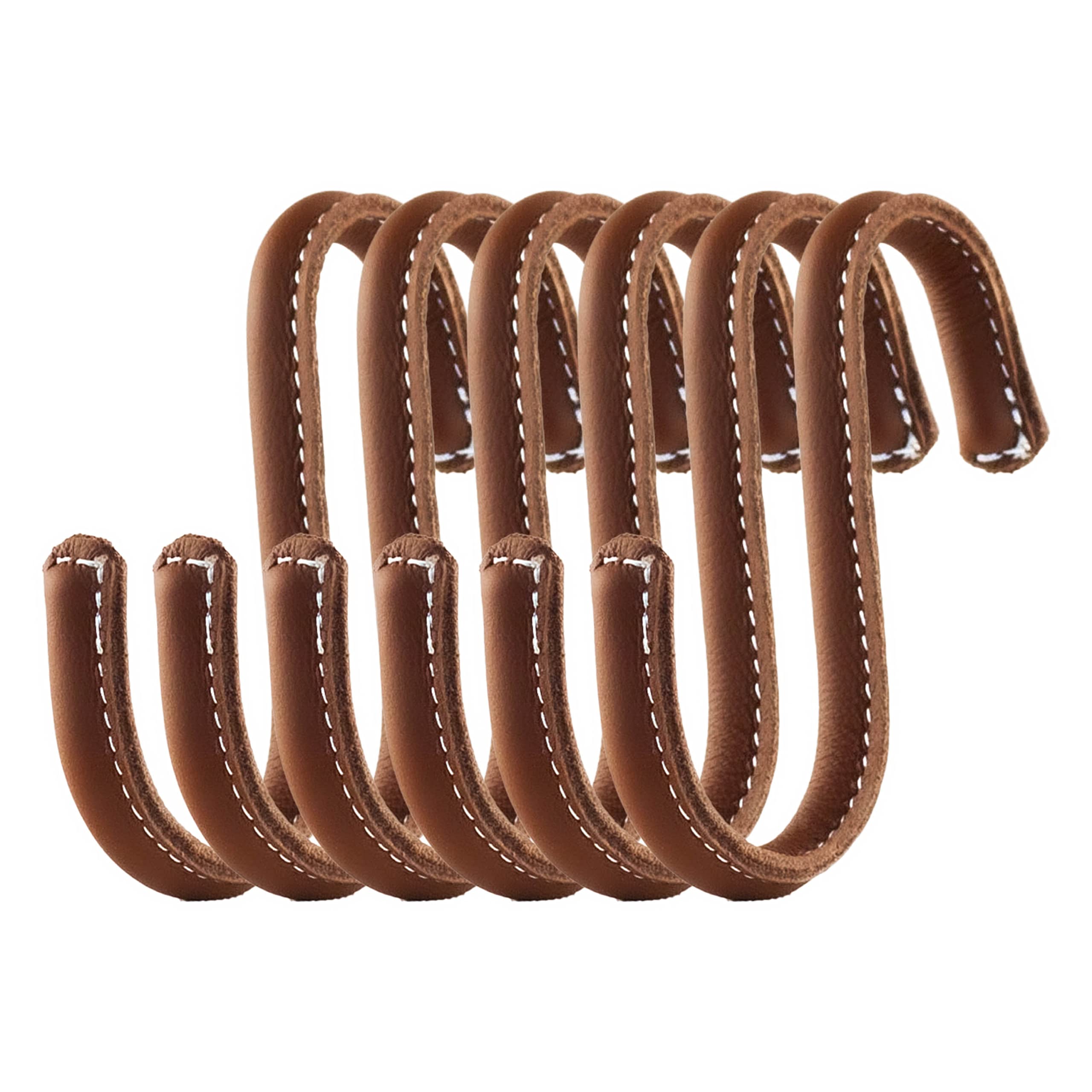 Brute Strength - S Shaped Hooks Wrapped in Full Grain Leather - 6 pcs - Cognac - 10 cm Stainless Steel Metal Hangers Hanging Hooks for Kitchen, Work Shop, Bathroom