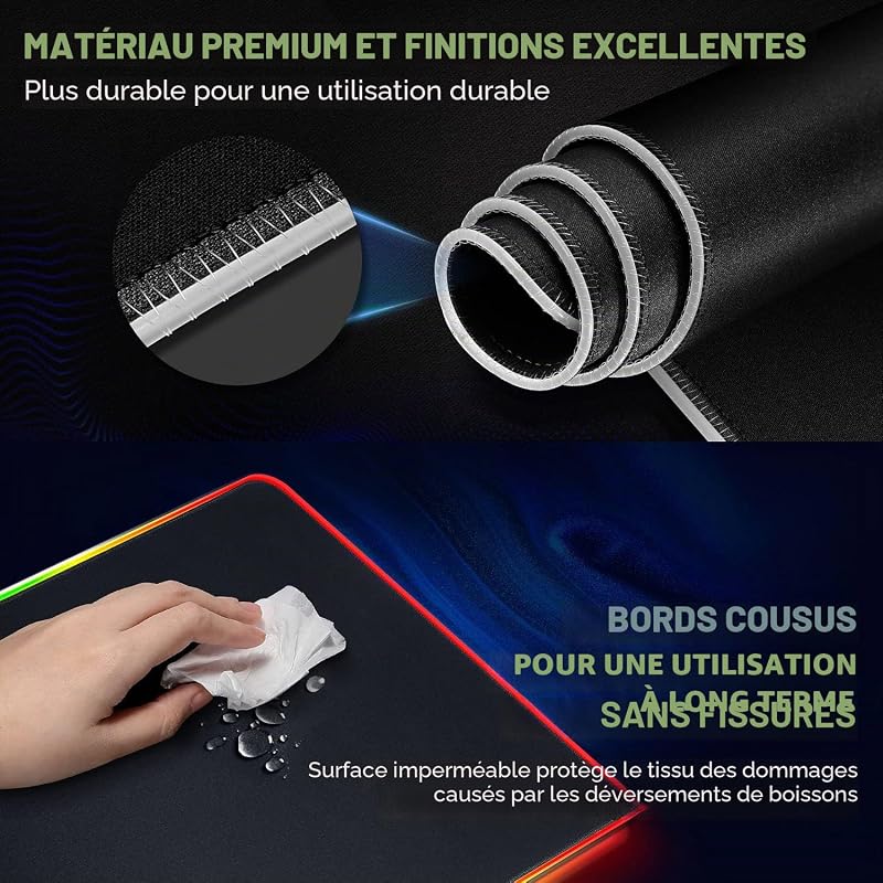 XXL Tapis de Souris RGB Gaming, Grand Tapis Souris avec 12 Modes d'Éclairage LED, Mouse Pad avec Tissu Micro-Tissé, Tapis Épaissi de 5 mm pour Gamer, Bureau,800 x 300mm