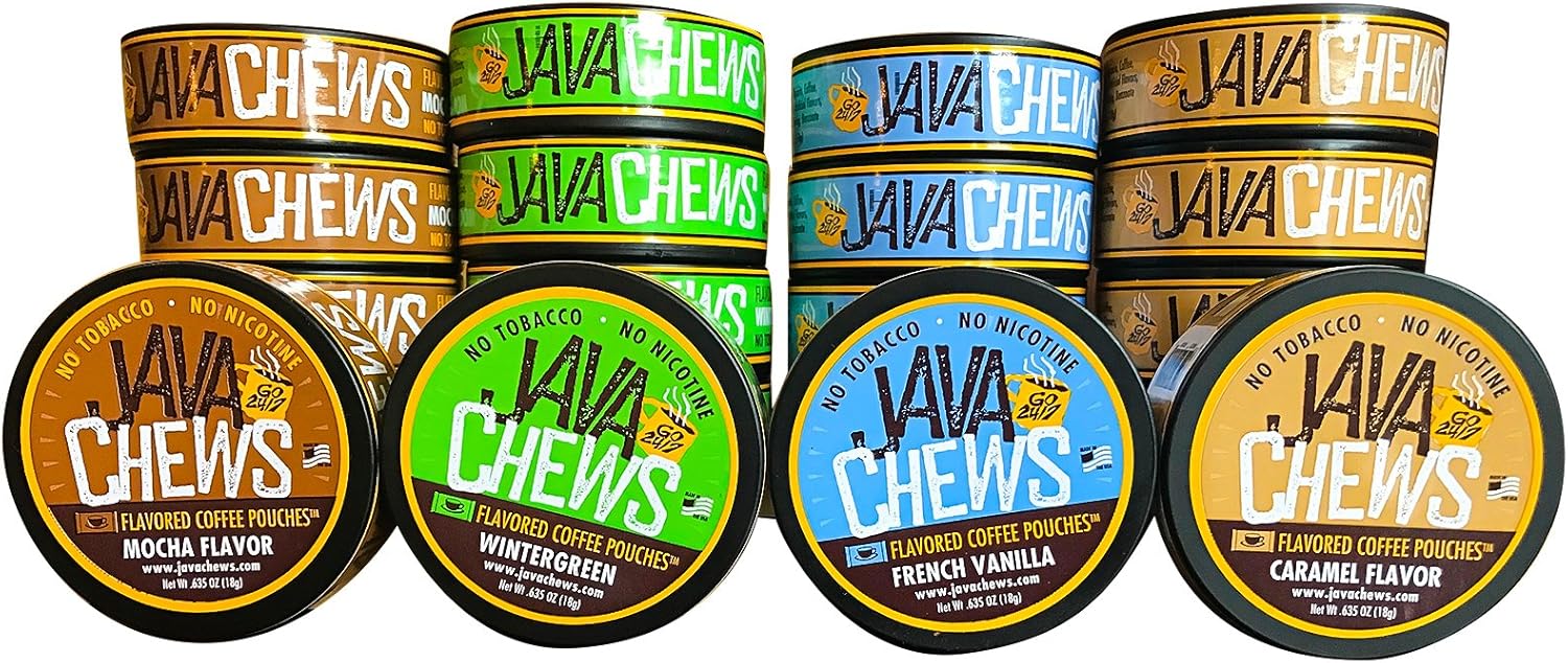Java Chews, Premium Flavored Coffee Pouches, No Tobacco, No Nicotine Smokeless Alternative, Caramel, French Vanilla, Mocha, Wintergreen Variety Pack (4 Cans)