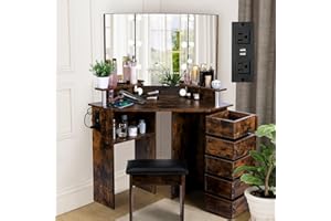 VOWNER Vanity with Lights - Makeup Vanity Desk with Power Outlet, 3 Color Lighting Options Brightness Adjustable, Vanity Table with 5 Rotating Drawers, Shelves and Stool, Corner Vanity for Women Girls