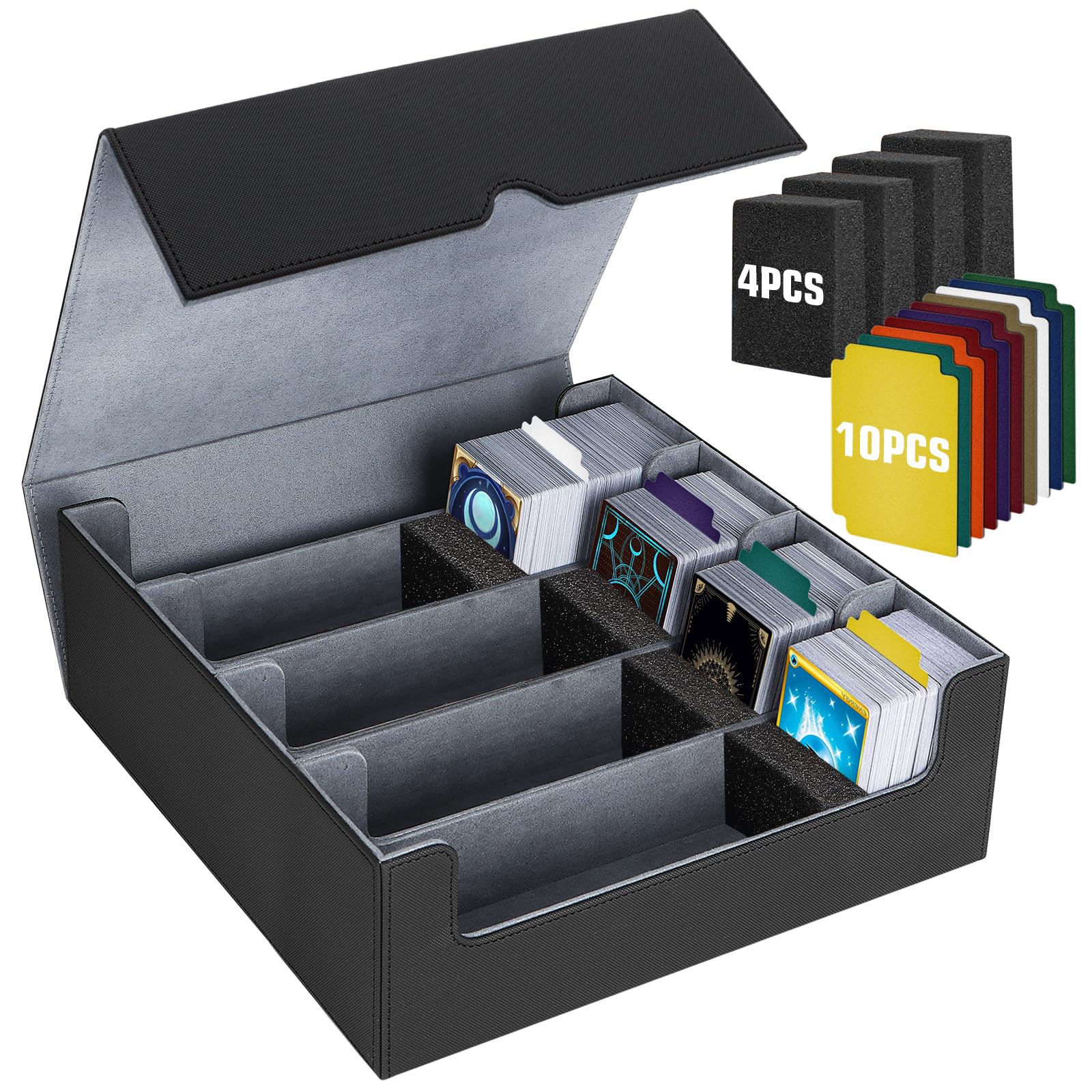 Photo 1 of AOBOPLE 3200+ Trading Card Storage Box,4 Rows Card Deck Case for Trading Cards with 10 Pcs Colorful Dividers & 4 Foam Card Supporters Commander Card Deck Case for Magic Game Cards YugiOh, TCG