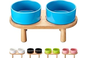 MOPANG Ceramic Elevated Dog Bowls, Pet Food and Water Bowl Set for Small Dogs and Cats, 1.7 Cups Elevated Cat Bowls with Wood Stand, 14OZ, Blue