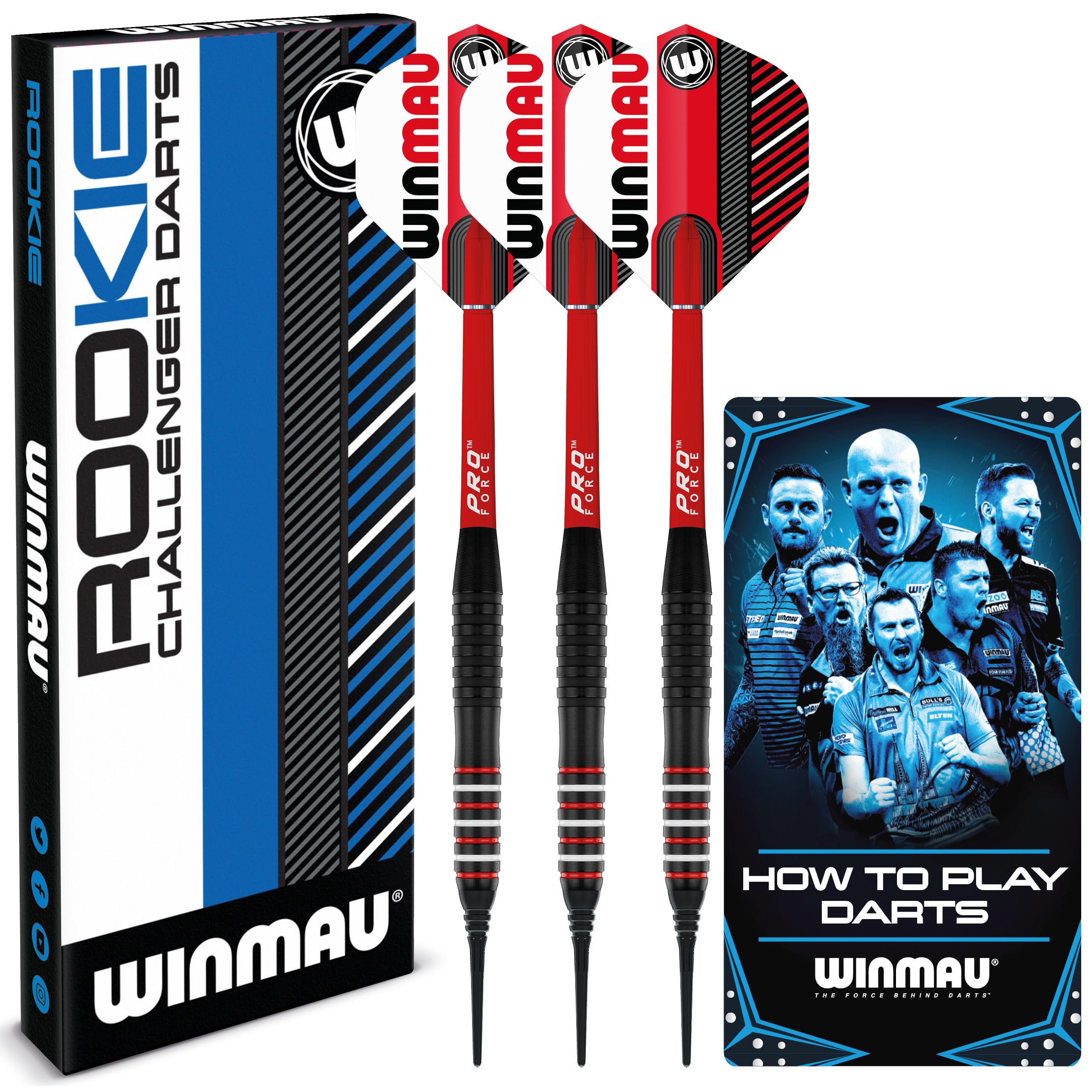 WINMAU Rookie Red Softip (Plastic Tips) Brass Darts Set | Single or Multi Sets | Includes Flights and Shafts (Stems) | Exclusive Darts Booklet | Blue, Red and Green |