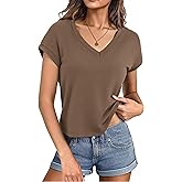 Totatuit Women Cropped T-Shirts Cap Sleeve V Neck Loose Fit Summer Tee Shirts Casual Plain Tops 2026 Trendy Clothes