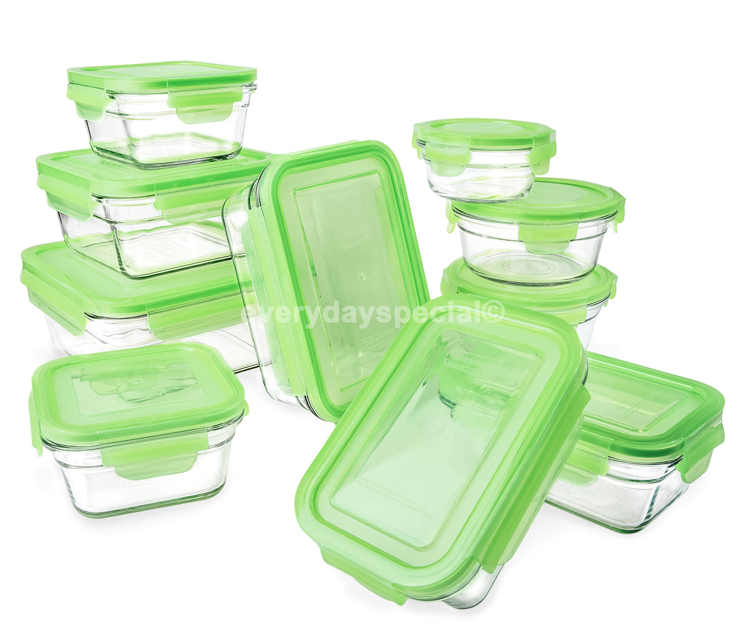 Tempered Glasslock Storage Containers 20pc set Green Lids Microwave