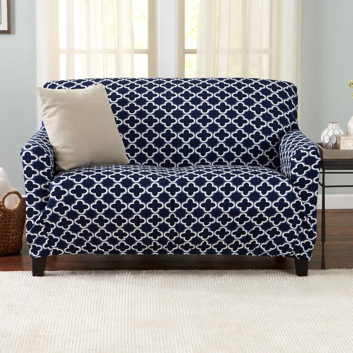 Printed Twill Love Seat Slipcover. One Piece Stretch Loveseat Cover. Strapless Love Seat Cover for Living Room. Fallon Collection Slipcover. (Love Seat, Navy): Kitchen & Dining