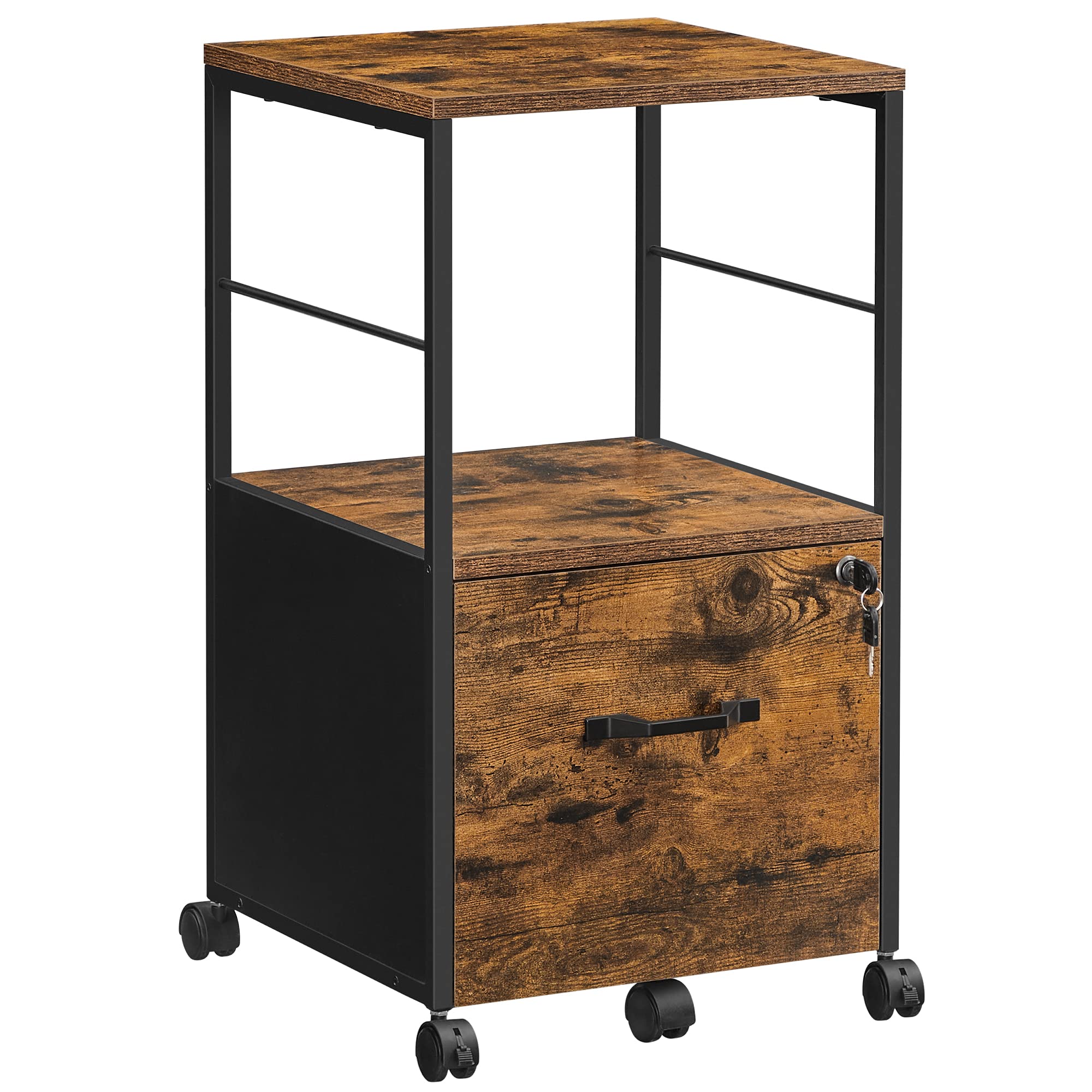 VASAGLE 1 Drawer File Cabinet with Lock, Printer Stand, Office Filing Cabinet Organizer, for A4 and Letter Size Documents, Rustic Brown and Black UOFC044B01