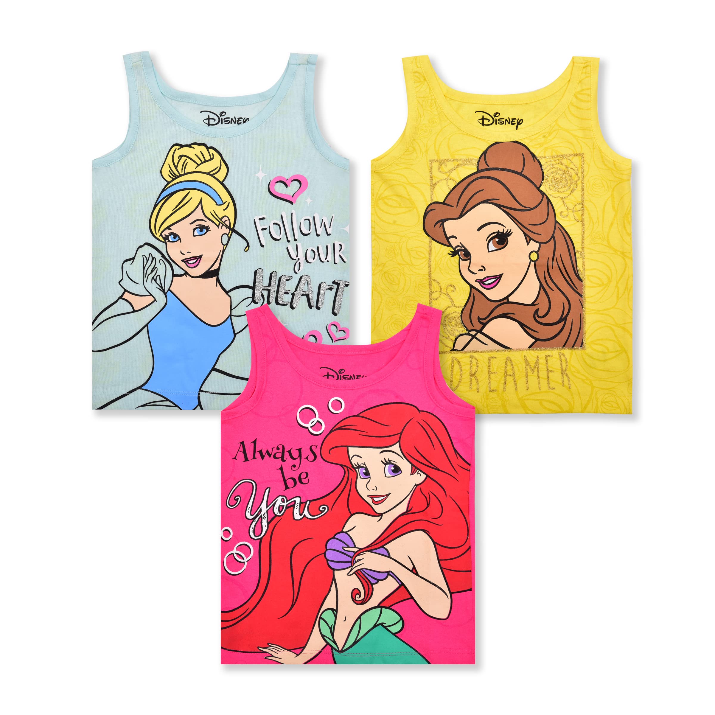 Photo 1 of (MISSING ARIEL TANK TOP ) Disney Princess Cinderella Belle and Ariel Girls 3 Pack Tank Top for Toddler and Little Kids Yellow  SIZE 2T