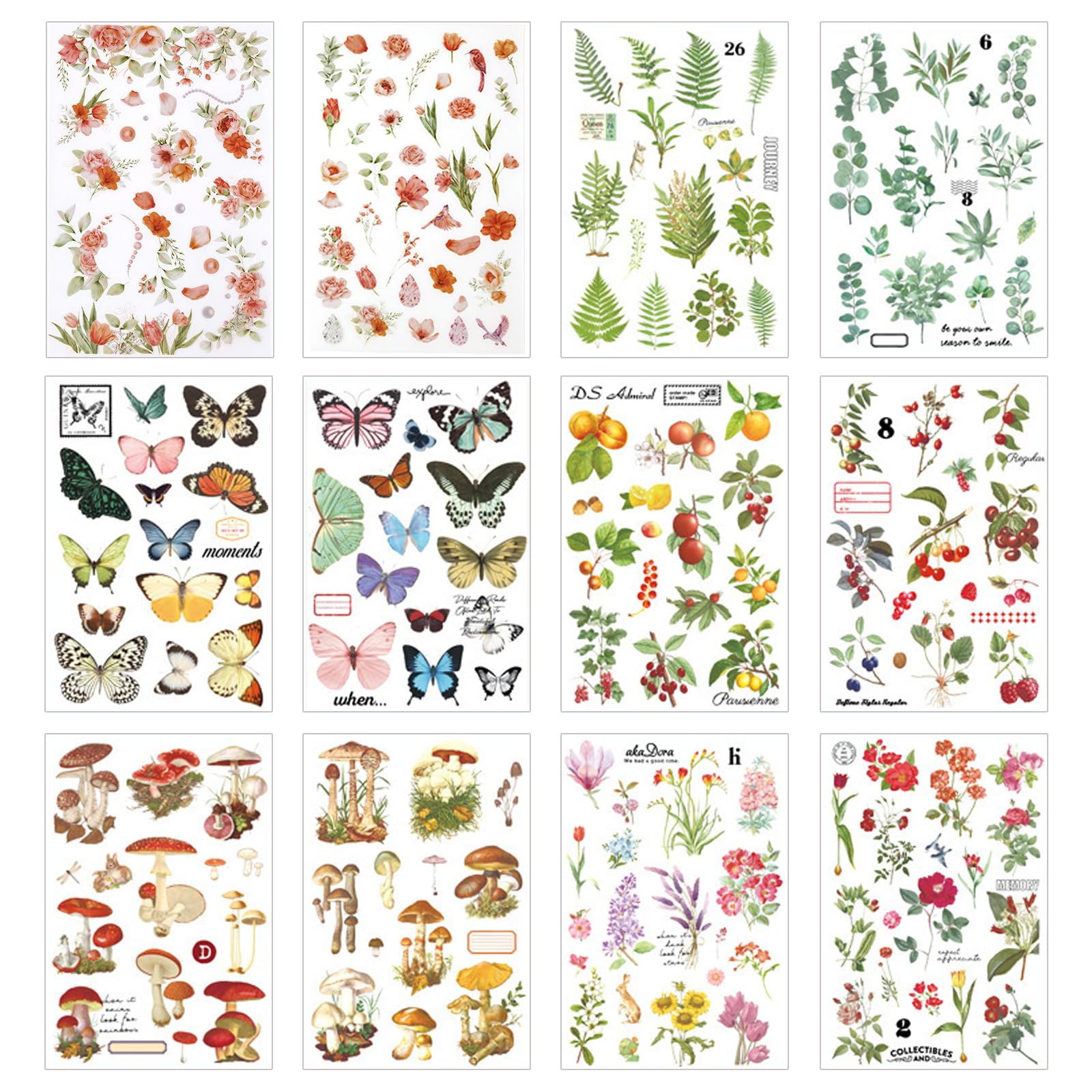 Photo 1 of 12 Sheets Rub on Transfers for Furniture Crafts Vintage Rub On Transfer Stickers Flower Plant Mushroom Butterfly Berry Stickers for Wood Fabric Furniture Decals for Home Office Scrapbooking Journals