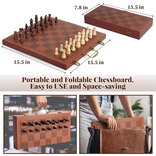 MAGNETIC CHESS SET 15.5 INCH CHESS BOARDS FOR ADULTS & KIDS, LEATHER & WOODEN FOLDING BOARD WITH HANDMADE WOOD PIECES, TRAVEL CHESS SETS GAME WITH PORTABLE HANDLE FOR BEGINNERS PROFESSIONALS