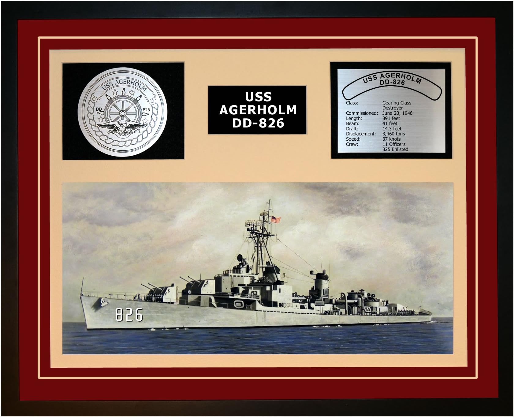 Navy Emporium USS AGERHOLM DD 826 Framed Navy Ship Display Burgundy