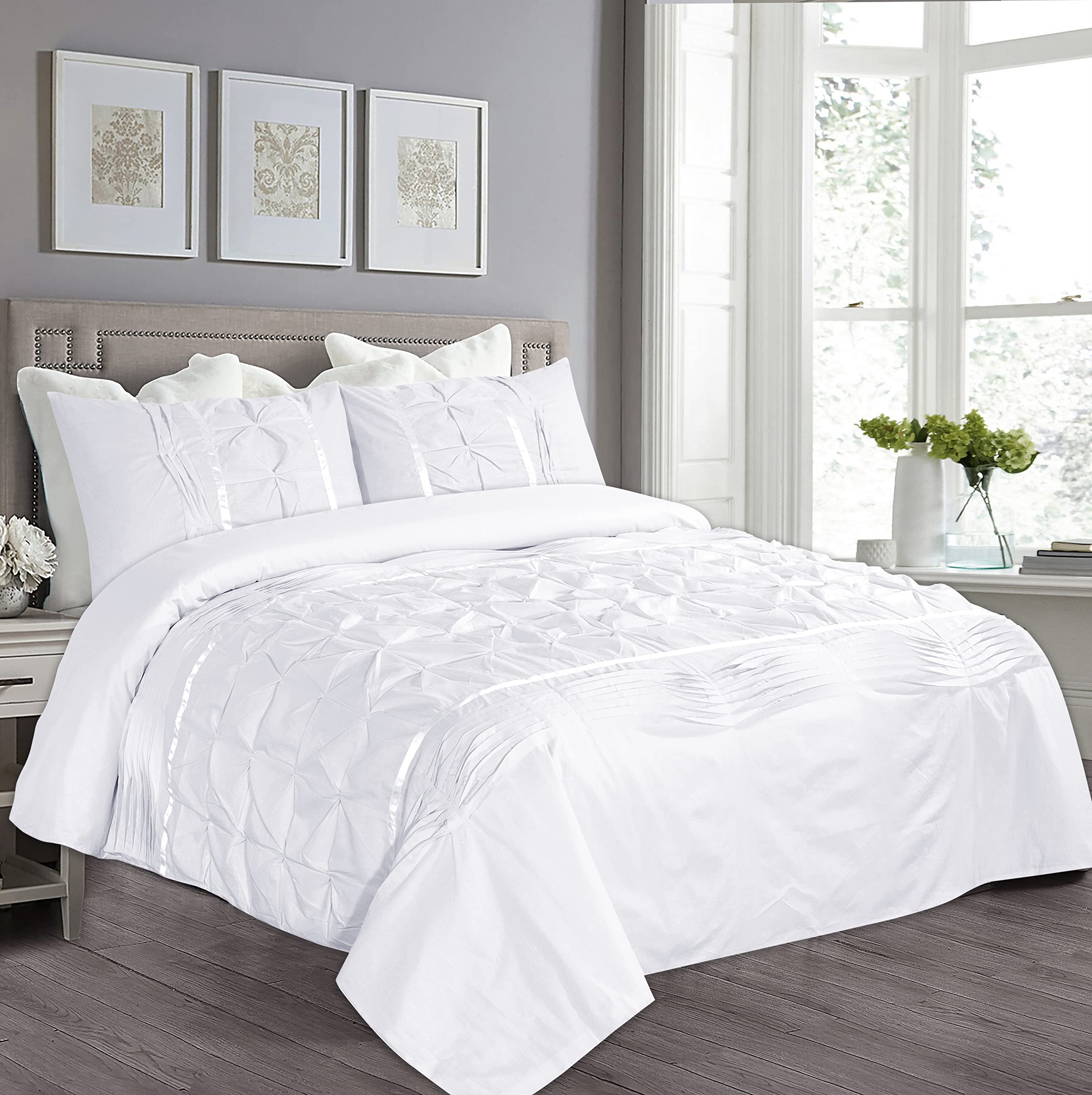 White Double Duvet Cover Set Pintuck Pinch Pleat Soft Palermo Quilt Case Diamond Ribbon Design Bedding & Linen Bed Set With Pillow Cases