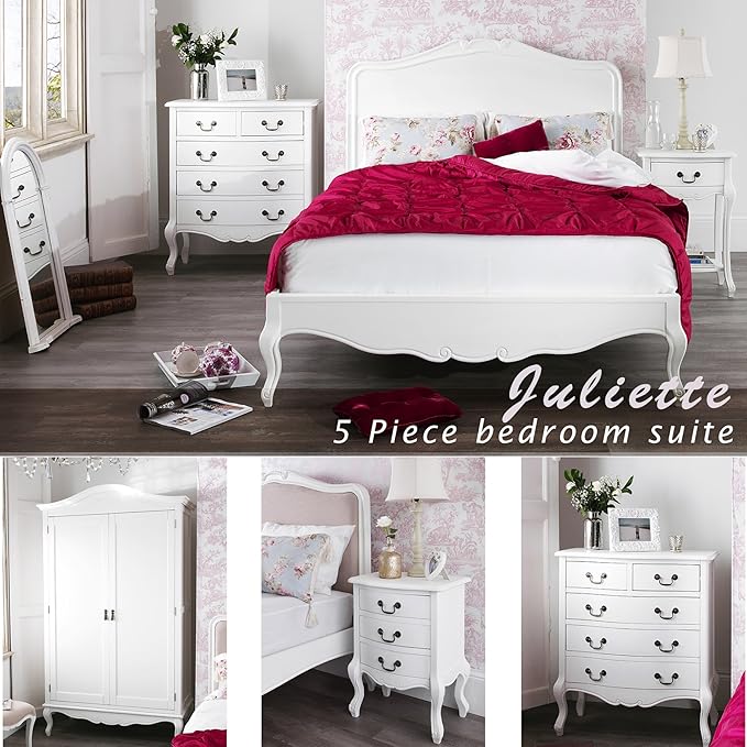 Juliette Shabby Chic White Double bed 5pc bedroom suite, 4ft6 bed