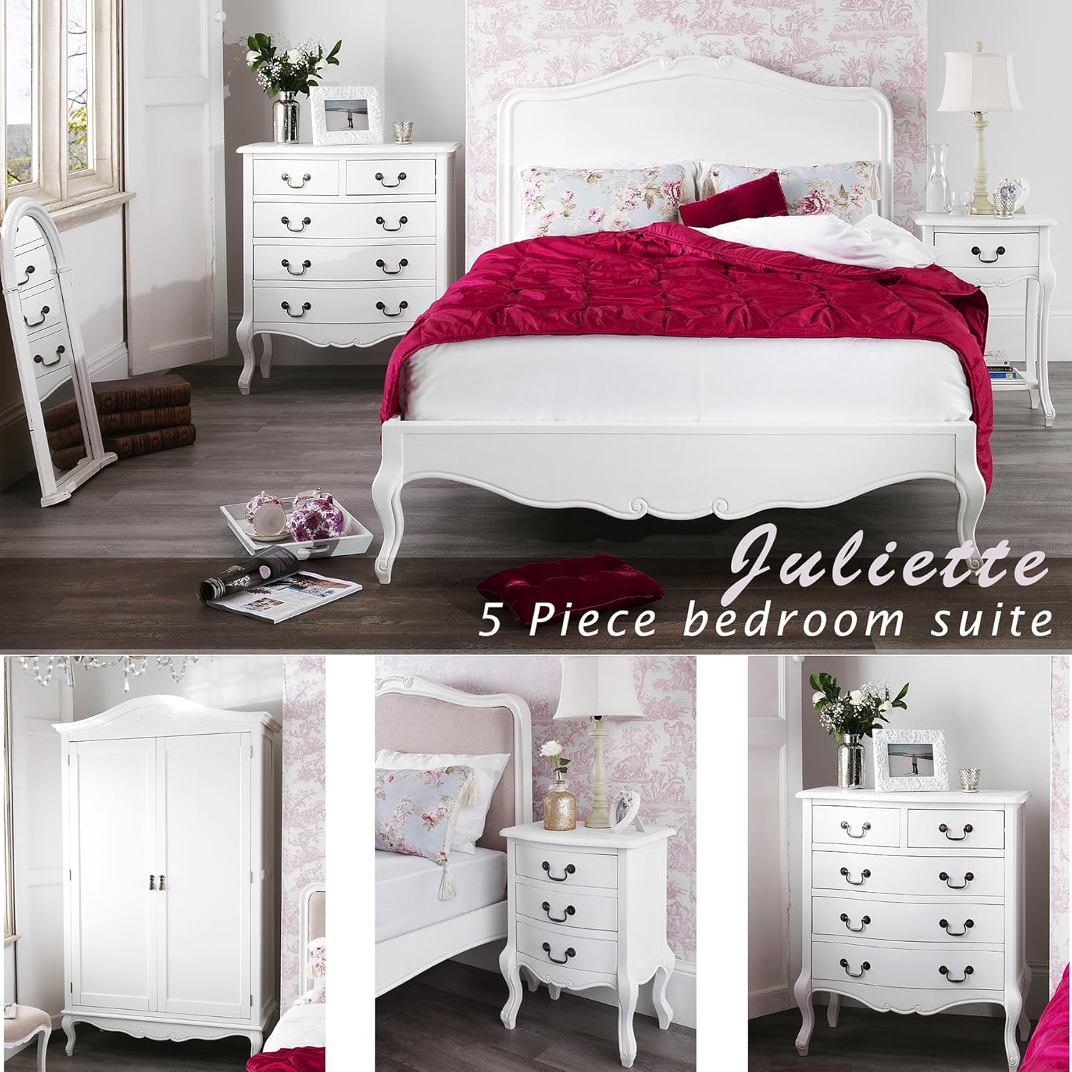 Juliette Shabby Chic White Double bed 5pc bedroom suite 4ft6 bed