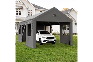 Benass 12x20 Carport, Heavy Duty Carport Canopy Garage with Removable Sidewalls and Drive Through Roll Up Zipper Doors & Side Doors, Grey