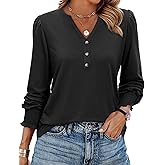 Uhiger Womens Tunic Tops Dressy Casual Long Sleeve Henley V Neck Shirts for Women Button Up Blouse