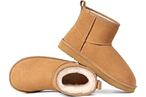 OOW Womens Genuine Suede Boots Brown Anti-slip Warm Comfort Ankle Fuzzy Winter Short Boots for Outdoor Indoor